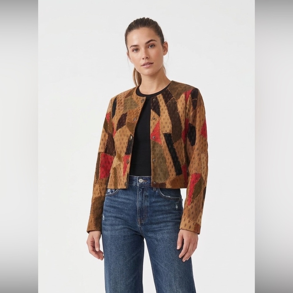 Kroshetta Patchwork Leather Suede Jacket Size Small Vintage Tan/Black/Red